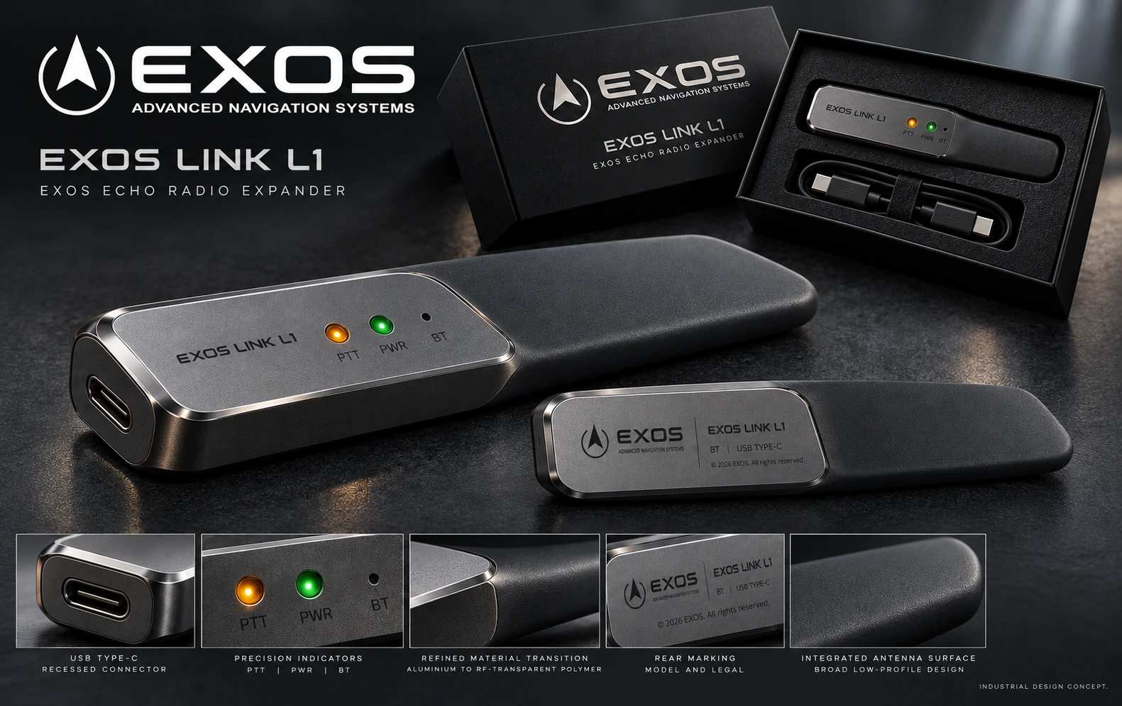EXOS LINK L1 broader gunmetal radio expander concept with a tapered antenna section, rear EXOS branding and presentation packaging