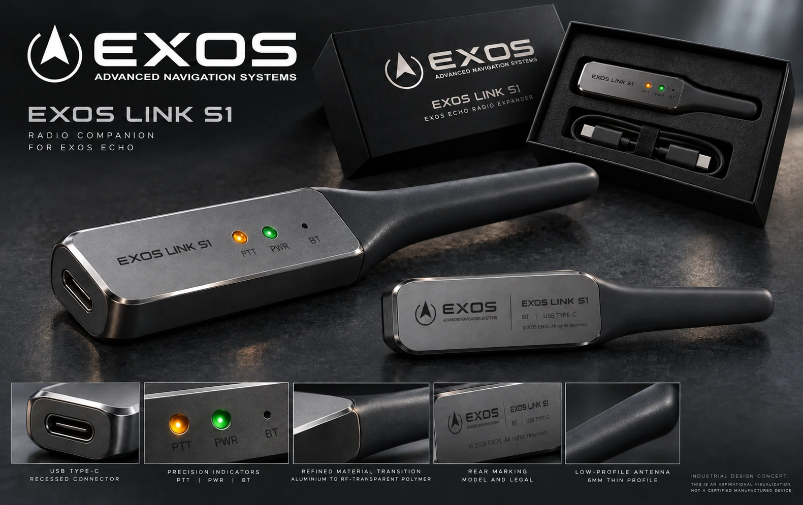 EXOS LINK S1 gunmetal radio expander concept with USB-C, PTT and power indicators, rear EXOS branding and presentation packaging