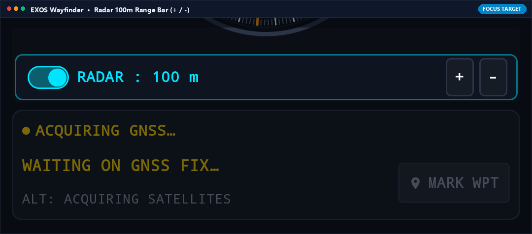 Actual App Snapshot: RADAR : 100 m (+/- Range Adjuster Bar) Highlighted on Note 8 Interface