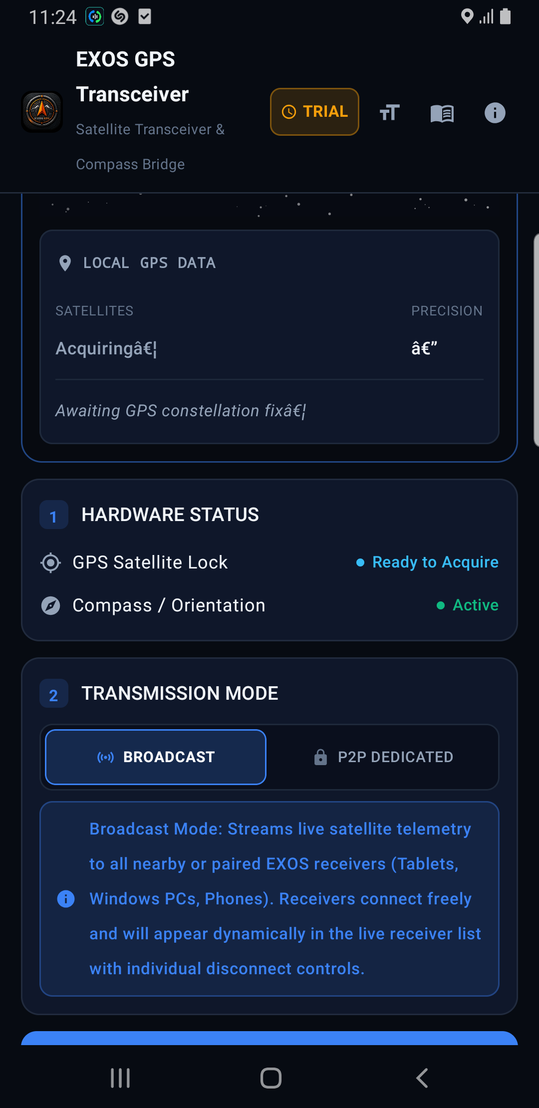 EXOS Transceiver Mock Location Screen