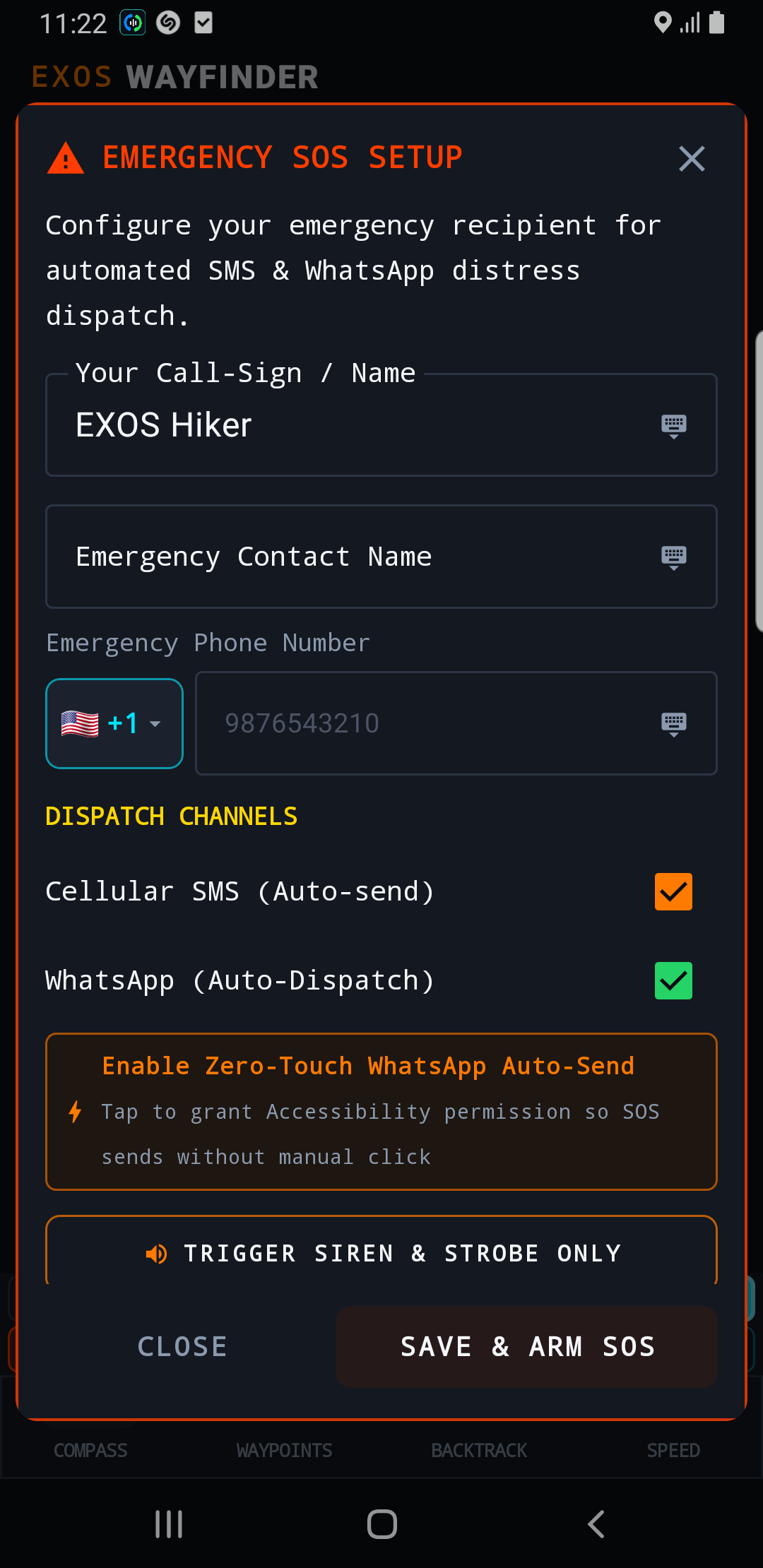 EXOS Wayfinder Backtrack Screen